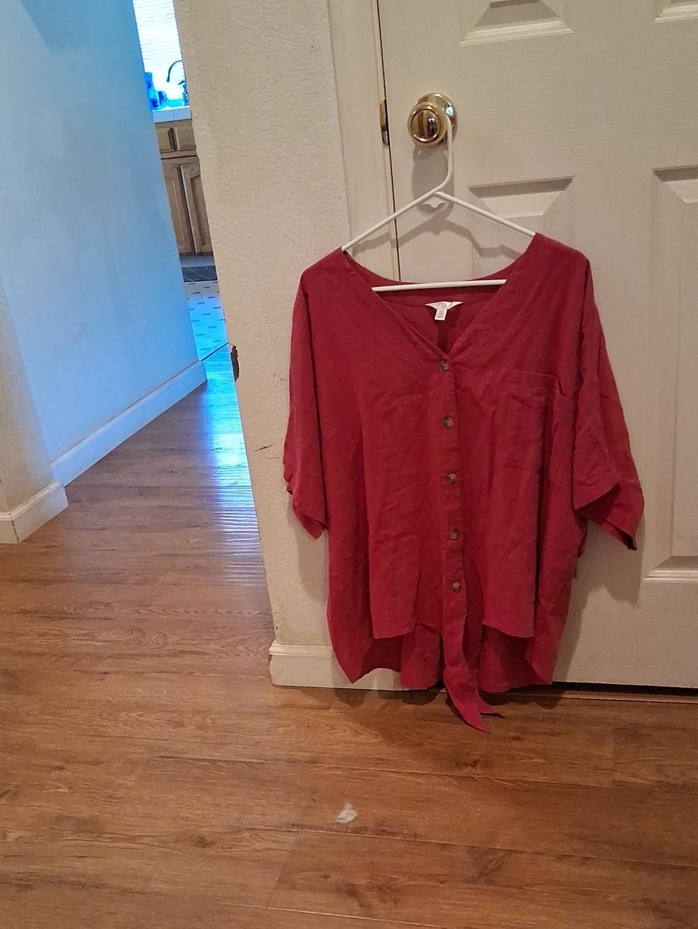 Time and Tru Cranberry Tie-Hem Button-Front Blouse